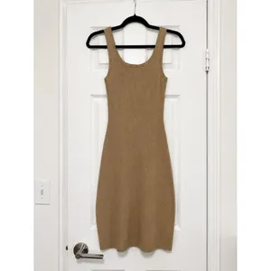 Moda International Ribbed Knit Bodycon Midi Dress Tan Sleeveless Minimalist Sm thumbnail 3