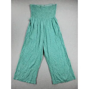 Angashion Womens Jumpsuit Large Green Polka Ruffles Strapless Smocked Wide Leg thumbnail 4