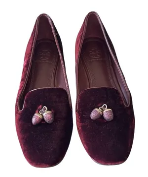 Tory Burch Burgundy Velvet Acorn Charm Smoking Slippers Loafers 7 thumbnail 1