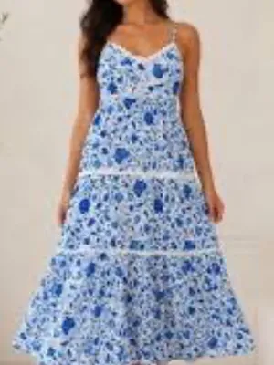 Blue Floral Tiered Maxi Dress with Spaghetti Straps thumbnail 1
