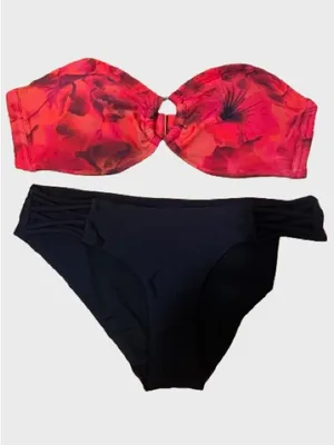 Shade & Shore Red Floral Bandeau Bikini with Black Bottoms thumbnail 2