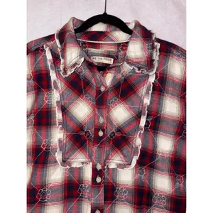 We The Free Free People Georgia Plaid Embroidered Button Down‎ Ruffle Shirt NWT thumbnail 6