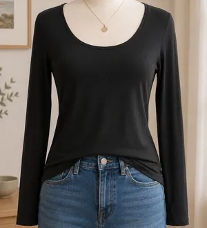 Ann Taylor LOFT Womens Long Sleeve Tee Black Scoop Neck Cotton Modal M thumbnail 1