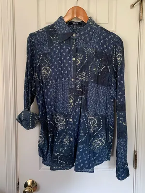 Retro RL Chaps Blue Mixed Media Cotton Button Down thumbnail 1