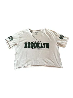 On Fire White Cropped Green 'BROOKLYN' Graphic Print Tee Shirt Xl thumbnail 2