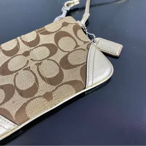 Coach Signature‎ Canvas Leather Wristlet Bag Beige Gold thumbnail 5