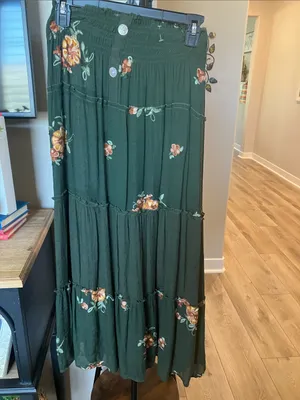 Olive Green embroidered Floral Tiered Maxi distressed waist smocked Skirt thumbnail 2
