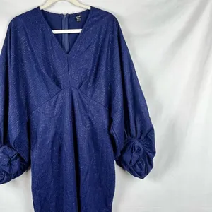 Shein Navy Blue Shimmery Long Puff Sleeve Evening Gown XL thumbnail 2