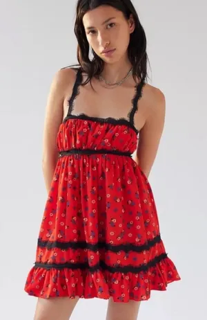 Urban Outfitters Elaina Strappy Lace Red Floral Babydoll Mini Dress size SP thumbnail 1