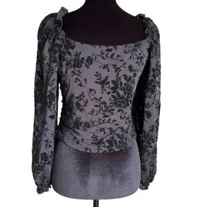 Black‎ Velvet Burnout Ruched Mesh Top Sweetheart Neck Whimsigoth Sheer Steampunk thumbnail 2