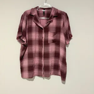 Torrid Gauze Button Through Epic Plaid‎ Short Sleeve Pocket Sleep Shirt Pink 0 thumbnail 2