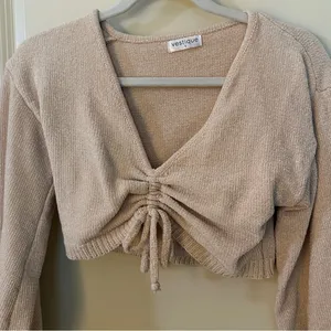 Vestique Boutique Cropped Tie V-neck Cinched Tan Sweater Women's Sz Small thumbnail 3
