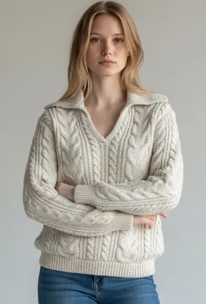 ZARA Cable Knit V-Neck Pullover Sweater with Collar thumbnail 1