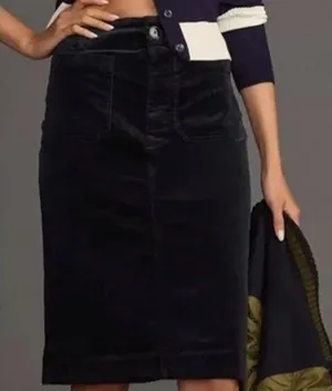 Maeve Anthropologie Navy Blue Corduroy Pencil Skirt XS High Waist Patch Pocket thumbnail 1