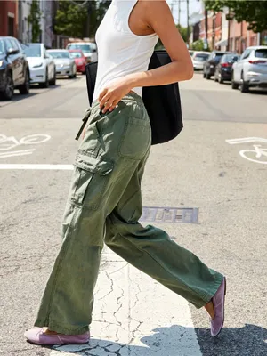 Aerie olive fun Village Cargo Pants jeans drawstring pockets wide leg mid rise thumbnail 3