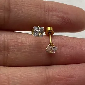 18k Gold plated Square White Crystal Zircon 4mm Stud Earrings - ERG-S thumbnail 2