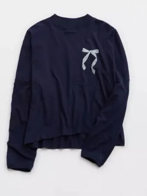 Aerie Navy Blue Bow-Print Oversized Long Sleeve Top Size Medium thumbnail 2