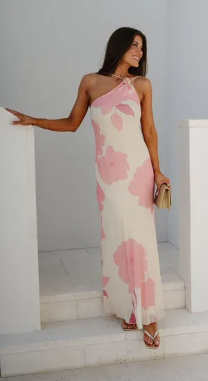 These Three Boutique One Shoulder Pink/Cream Maxi Dress Small thumbnail 1
