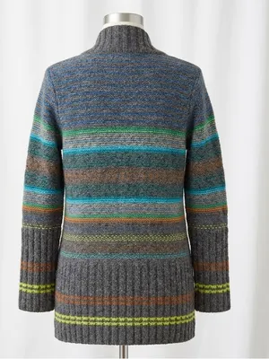Free People Gray Striped Shawl-Collar Cardigan with Teal and Lime Accents thumbnail 2