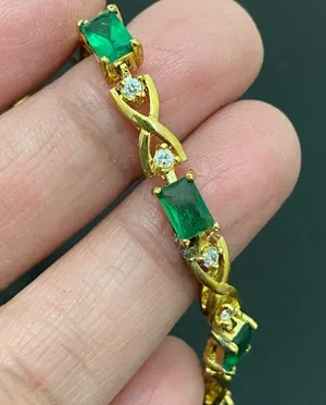 Unsigned Gold-tone Emerald Green & Clear CZ Stone 7.5” Tennis Bracelet 8.7g thumbnail 14