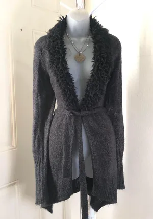Whimsygoth grey black faux fur collar belted long cardigan long sleeve-L #y2k #gothic thumbnail 1