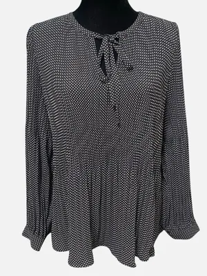 Adrianna Papell Black Polka Dot Tie Neck Pleated Blouse Retro Style Size Large thumbnail 2