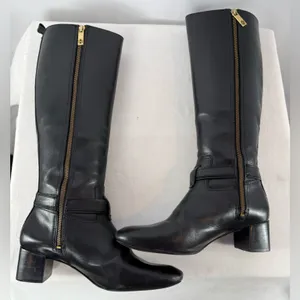 Vintage Y2K Tory Burch Leather Gold Logo Knee High Heeled Boots in Black Size‎ 7 thumbnail 8