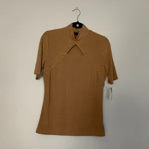 I.N.C. International Concepts Short Sleeve Cutout Mock Neck Top Light Camel thumbnail 7
