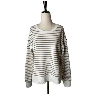 Evereve Striped Sweatshirt Women Medium Ivory Tan‎ Snap Detail Preppy Coastal thumbnail 2
