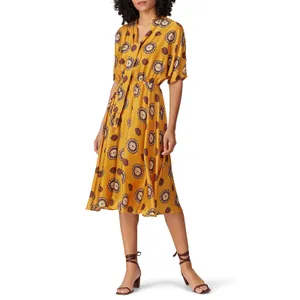 Nissa Marigold Medallion Print Silk Blend Short Sleeve A-Line Midi Dress Size 8 thumbnail 2