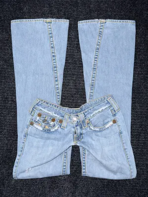 RARE Vintage True Religion Ultra Low Rise Twisted Flare Jeans Distressed 27 x 33 thumbnail 1
