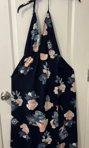 Simplee Floral Halter Maxi Dress Womens Medium Navy Blue Pink Backless Sundress thumbnail 1