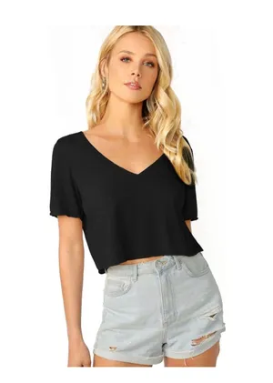 Verdusa Women's Solid V Neck Crop T Shirt Top Causal Short Sleeve Tee Top Size S thumbnail 1