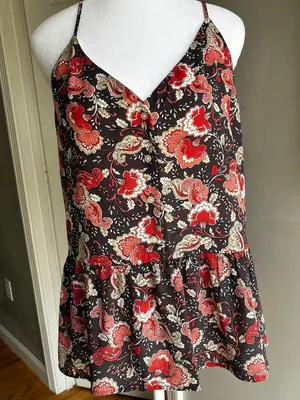 Floral Paisley Print Cami Top Button Down Sleeveless Peplum Tank Blouse Large thumbnail 1
