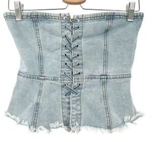 Forever 21 Womens Y2K Lace Up Raw Hem Denim Corset Tube Top Size‎ S Medium Wash thumbnail 1