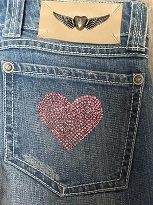 Vintage Y2K Twisted Heart Low Rise Flare Jeans Pink Rhinestone Embellished 27x35 thumbnail 8