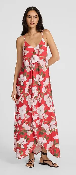 NEW WITH TAG EXPRESS Summer Floral Tie Back Asymmetrical Hem Maxi Red Dress thumbnail 1