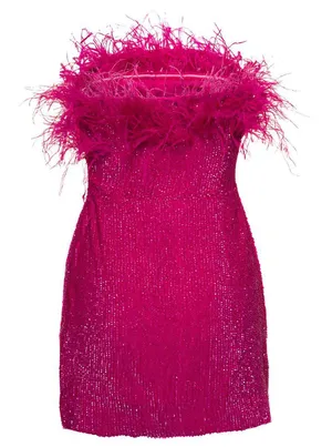 NWT Retroféte Torin Sequin Bandeau Ostrich-trim Mini Dress In Pink. Size Large thumbnail 10