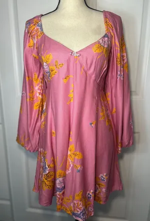 NWT Free People Francesca Pink Floral Long Sleeve Smocked‎ Back Mini Dress Small thumbnail 1