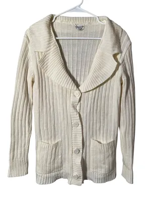 Vintage Kmart Women's Size Medium Cardigan Sweater Cream White Collared Pockets thumbnail 1