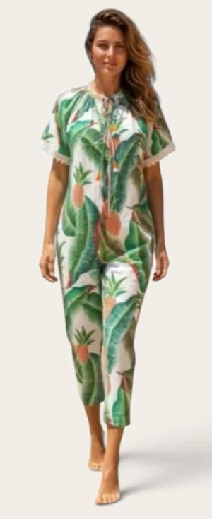 Farm Rio Tropical Pineapple Print Women’s Jumpsuit in Green & Cream S-S thumbnail 1