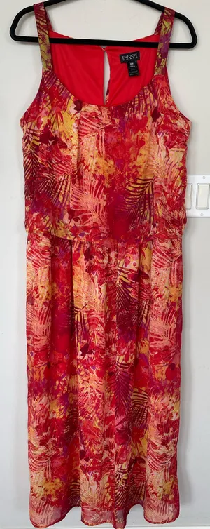 Enfocus Women Tropical-Print Maxi Dress Lined Dark Red Multi Size 16W thumbnail 1