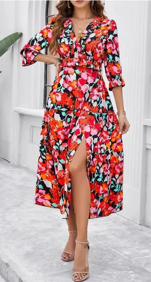 Floral Ruffle Trim A Line Dress Midi Length Boutique Dress Side Slit in Multi thumbnail 1