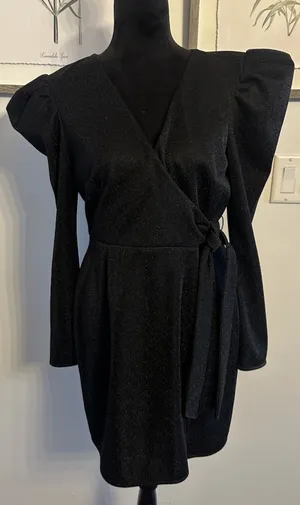 TOPSHOP Black Sparkly Mini Dress Slit Faux Wrap VNeck Puff Long Sleeve Size 10 thumbnail 1
