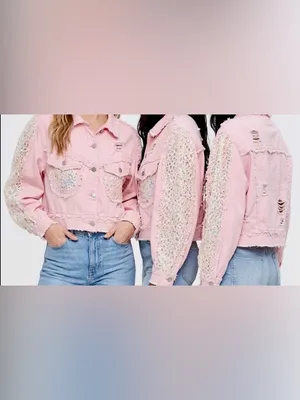 POL Pink Blush Denim Jacket with Sequin Lace Sleeves & Raw Hem - Sz L thumbnail 9