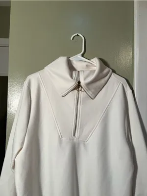 Merokeety Women's Size Large Quarter Zip V Neck Collar Ribbed Sweatshirt Cream thumbnail 3