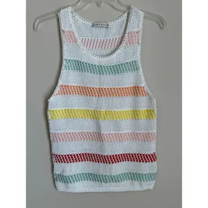 Alice + Olivia Croquet Tank Top Womens Small White Rainbow Stripe Semi Sheer thumbnail 2