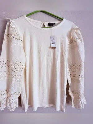 J.Crew Ruffle Trim Eyelet Vintage Ribbed Long Sleeve Top Beige Sz M thumbnail 2