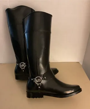 Michael Kors women Glossy Black Tall MK Logo Fulton harness Rain Boots US 8 thumbnail 1