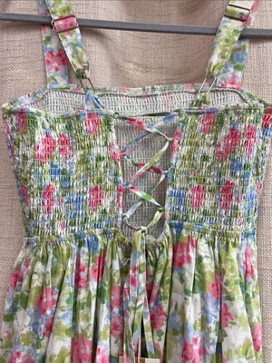 Floral Smocked Tiered Midi Dress Pink Blue Green Print Small thumbnail 14
